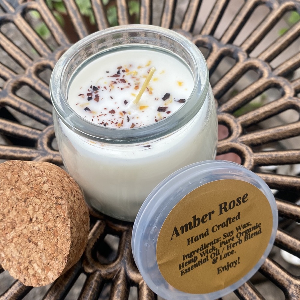Amber Rose scented Handcrafted Soy Candle hemp Wick Organic Essential Oils/Herbs